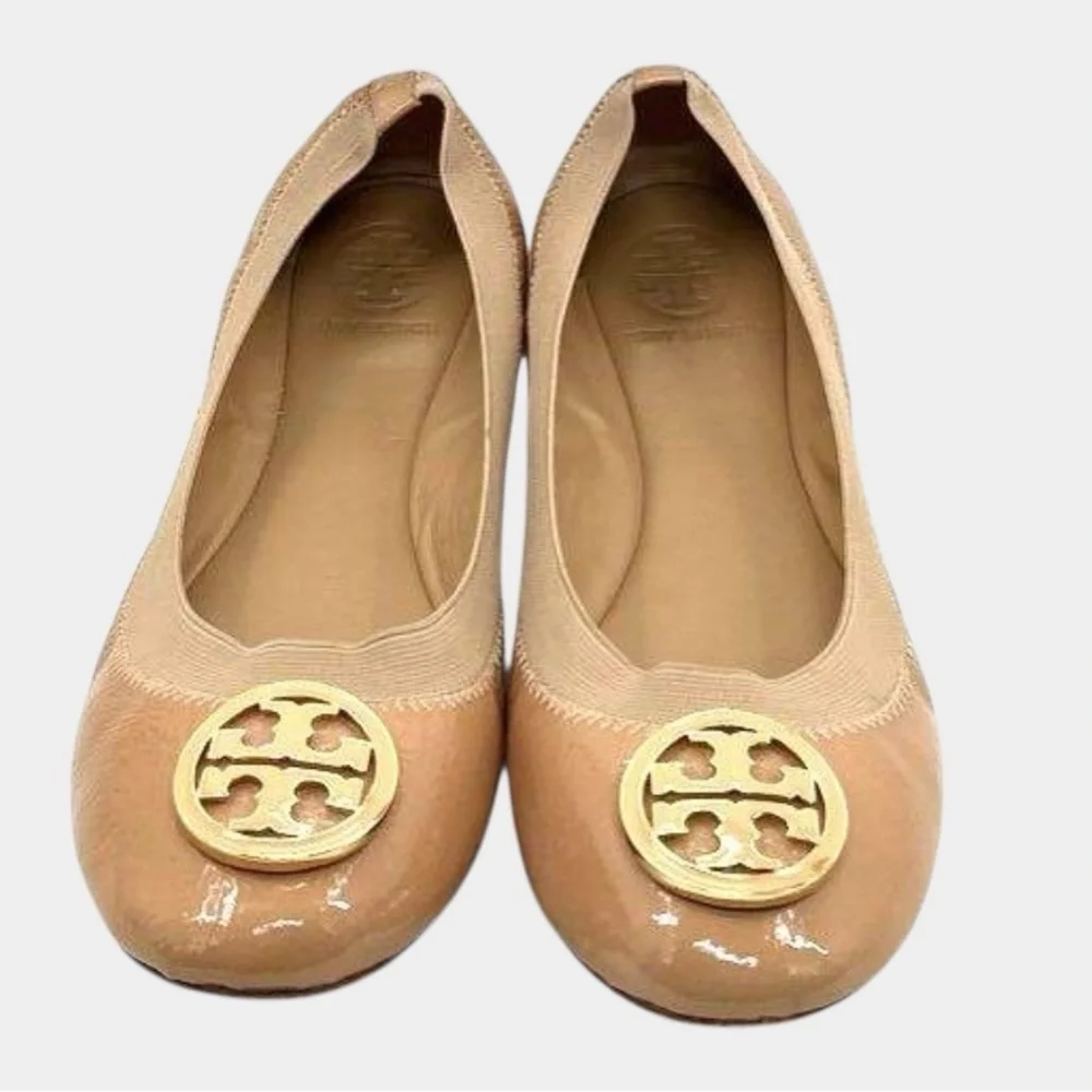Tory Burch Caroline Nude Tan Patent Leather Ballerina Flats Sleepies Logo Size 8